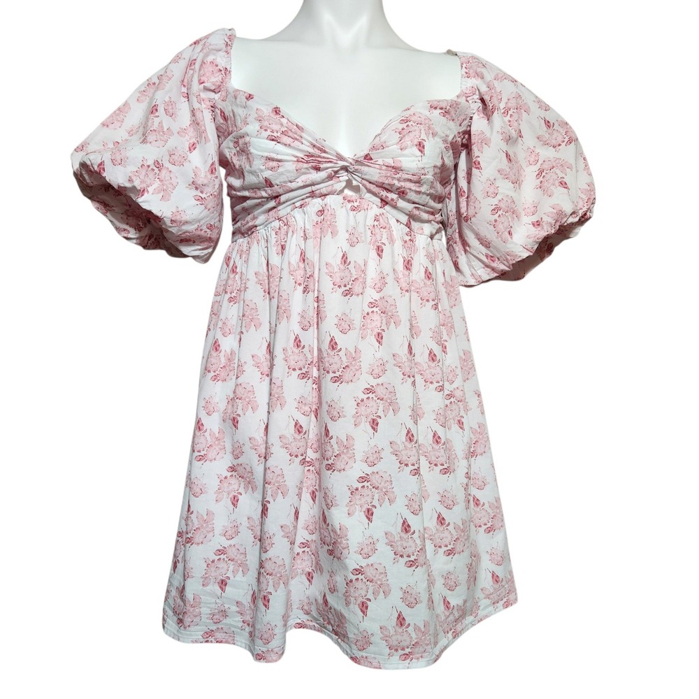 Trixxi Pink Floral Puff Sleeve Babydoll Mini Dress Cotton Smocked Back Large